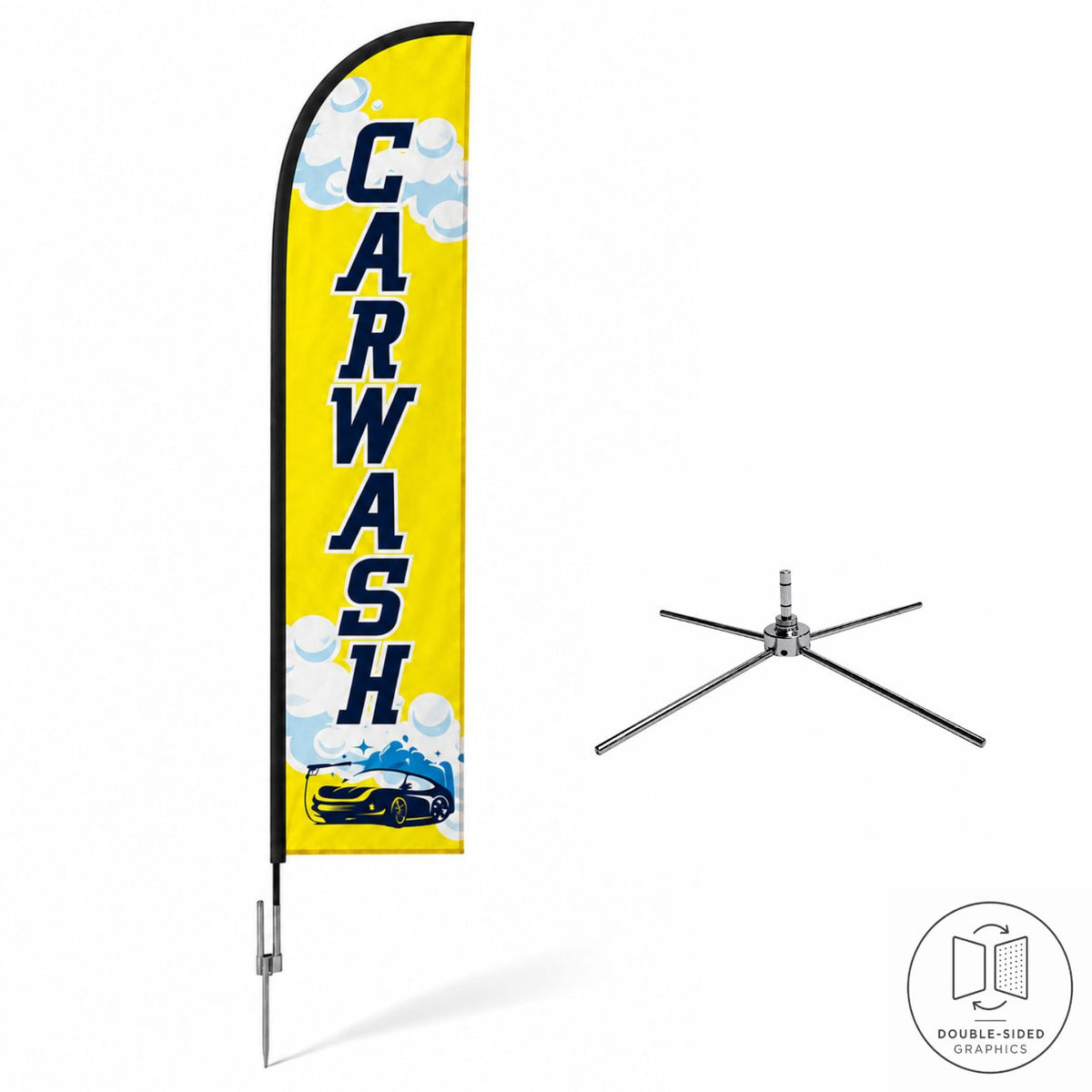 13' Medium Feather Flag Kit, Full Color Graphics Double Sided, Outdoor Spike base, Indoor Cross Base