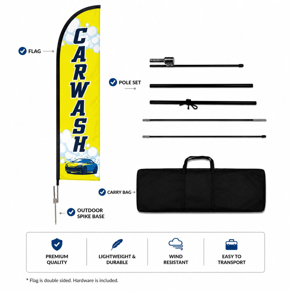 13' Medium Feather Flag Kit, Full Color Graphics Double Sided, Outdoor Spike base and Bag Included