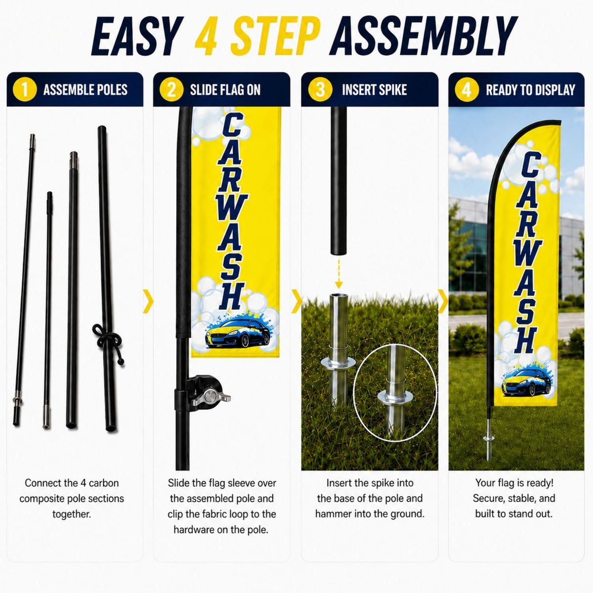 13' Medium Feather Flag Kit, Full Color Graphics Double Sided, Outdoor Spike base and Bag Included