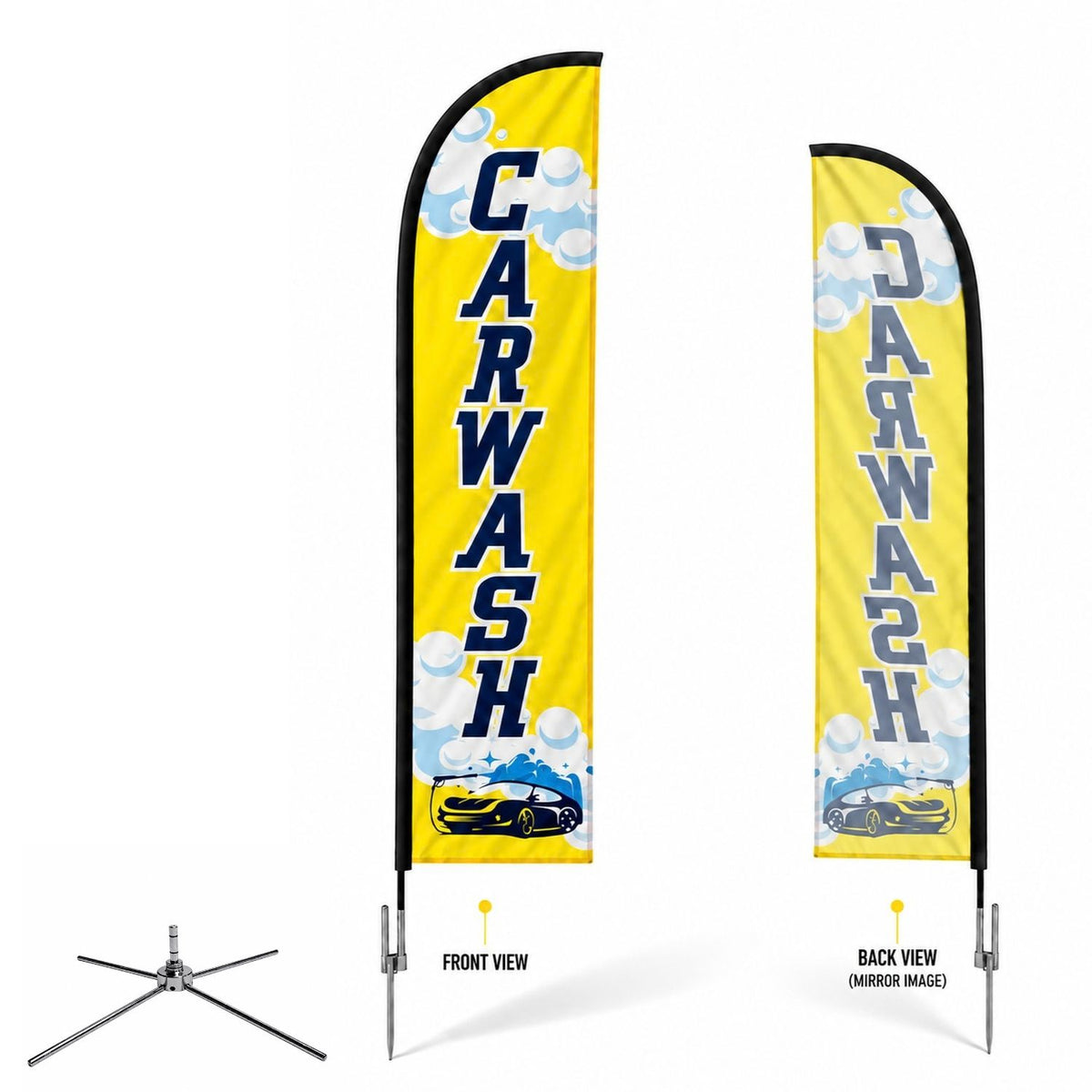 13' Medium Feather Flag Kit, Full Color Graphics Single Sided, Outdoor Spike base, Indoor Cross Base