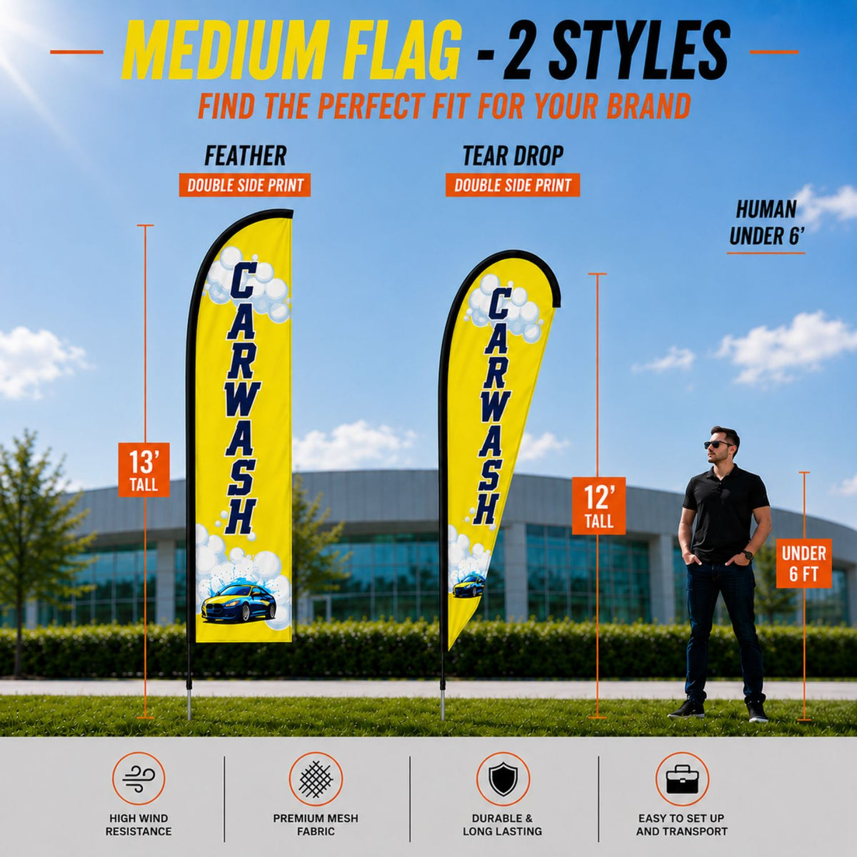 13' Medium Feather Flag Kit, Full Color Graphics Double Sided, Outdoor Spike base and Bag Included