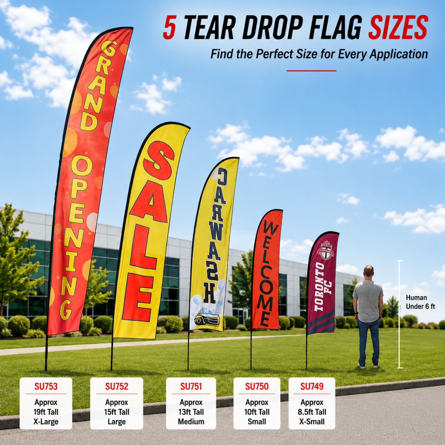 13' Medium Feather Flag Kit, Full Color Graphics Double Sided, Outdoor Spike base and Bag Included