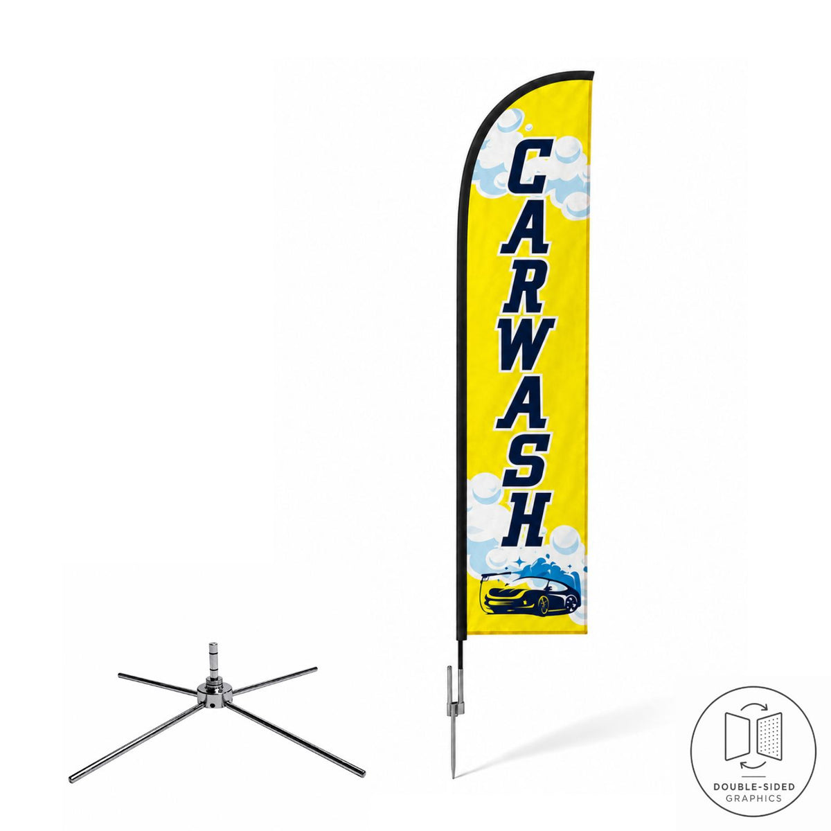 Kit de bandera tipo pluma de 13' (3.96 m) mediana, gráficos a todo color de doble cara, base de estaca para exteriores, base en cruz para interiores