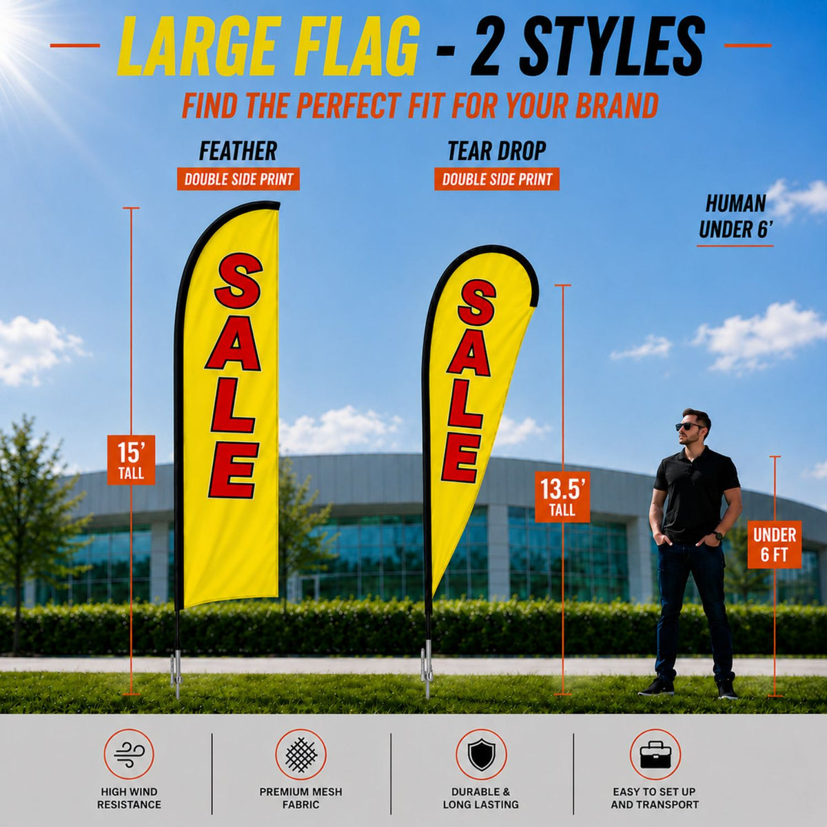 15' Large Feather Flag Kit, Full Color Graphics Double Sided, Outdoor Spike base and Bag Included