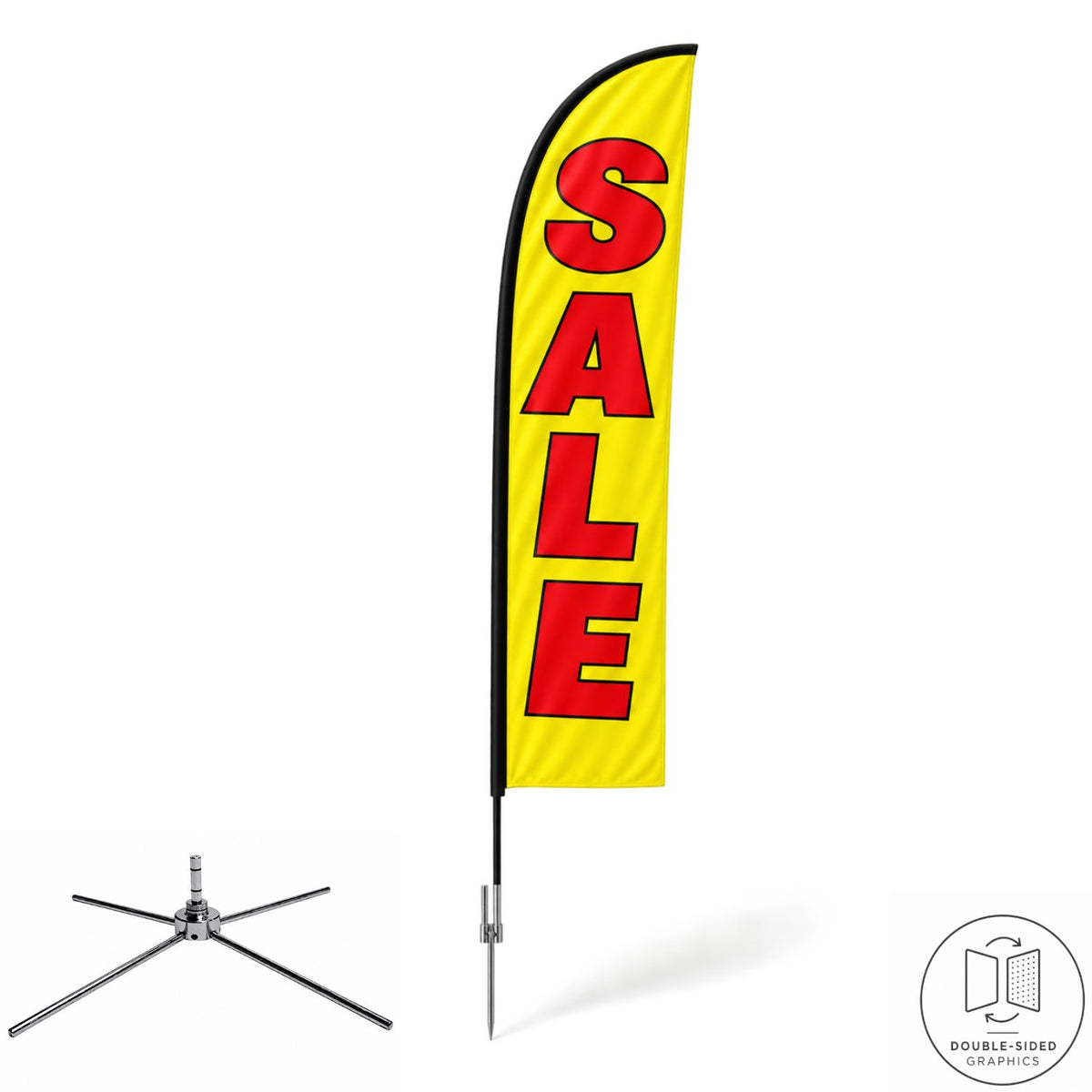 15' Large Feather Flag Kit, Full Color Graphics Double Sided, Outdoor Spike base, Indoor Cross Base