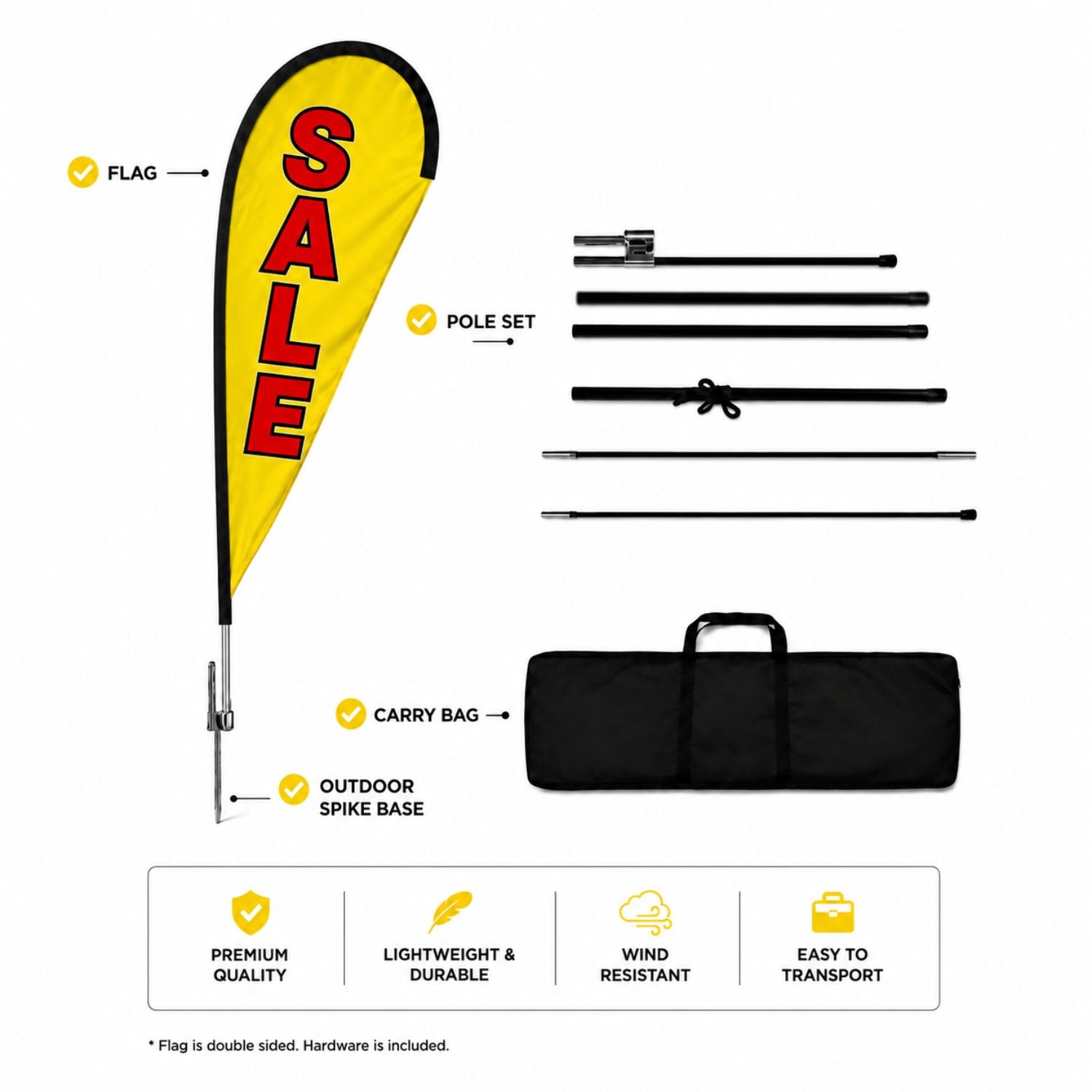 13.5' Large Tear Drop Flag Kit, Full Color Graphics Double Side, Outdoor Spike base and Bag Included