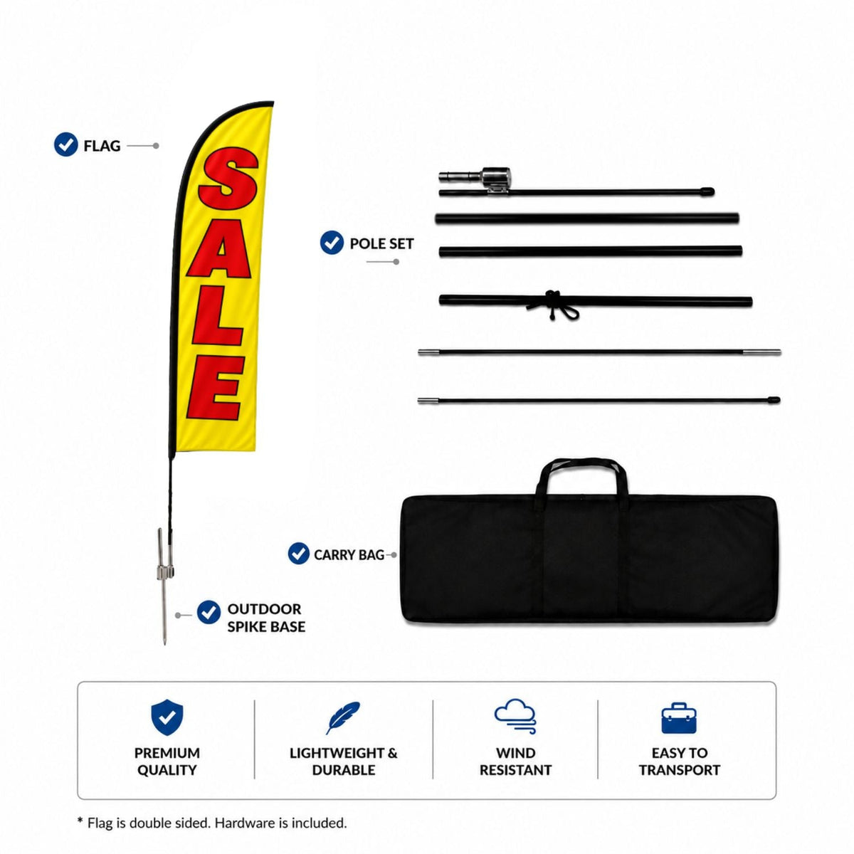 15' Large Feather Flag Kit, Full Color Graphics Double Sided, Outdoor Spike base and Bag Included