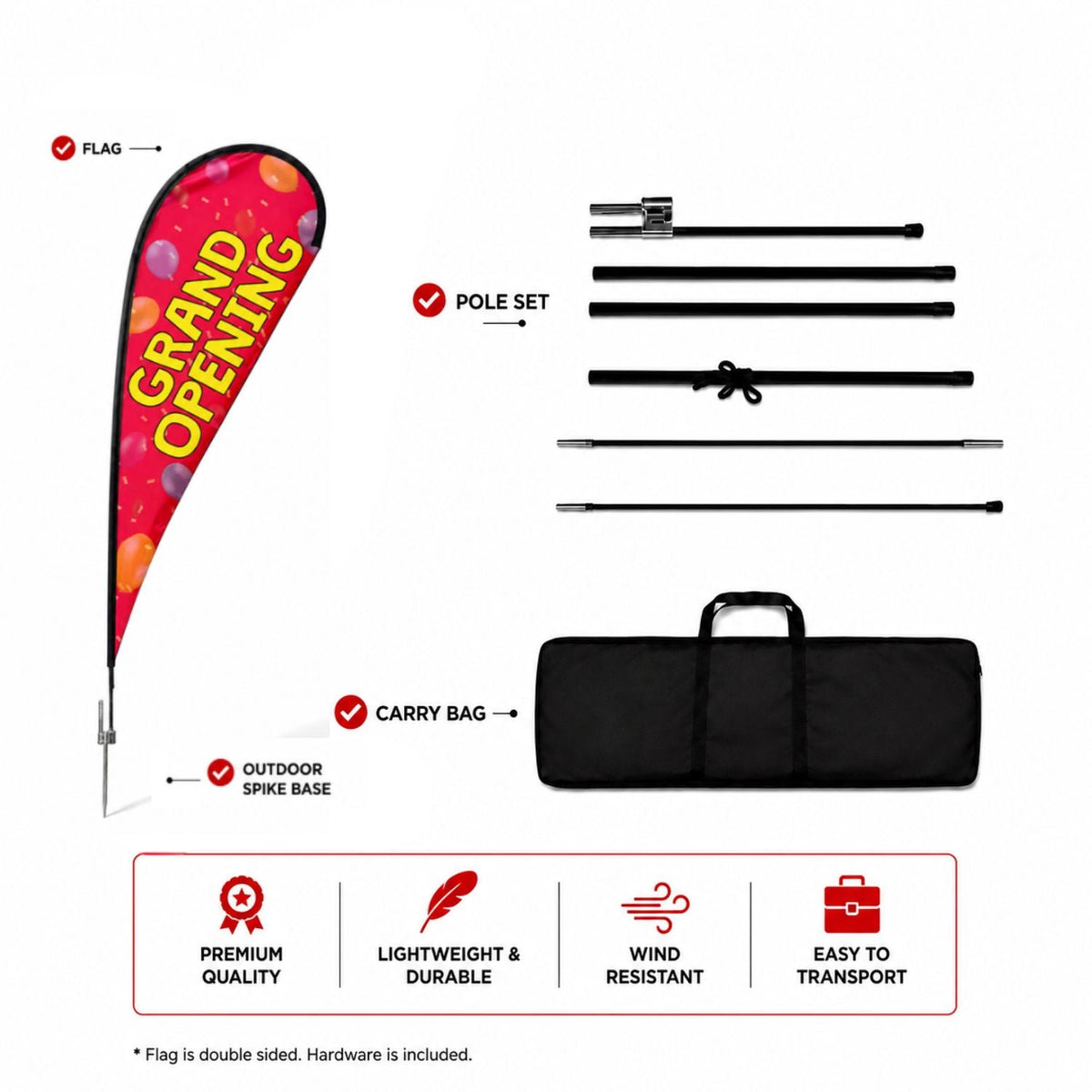 16' X-Large Tear Drop Flag Kit, Full Color Graphics Double Side, Outdoor Spike base and Bag Included