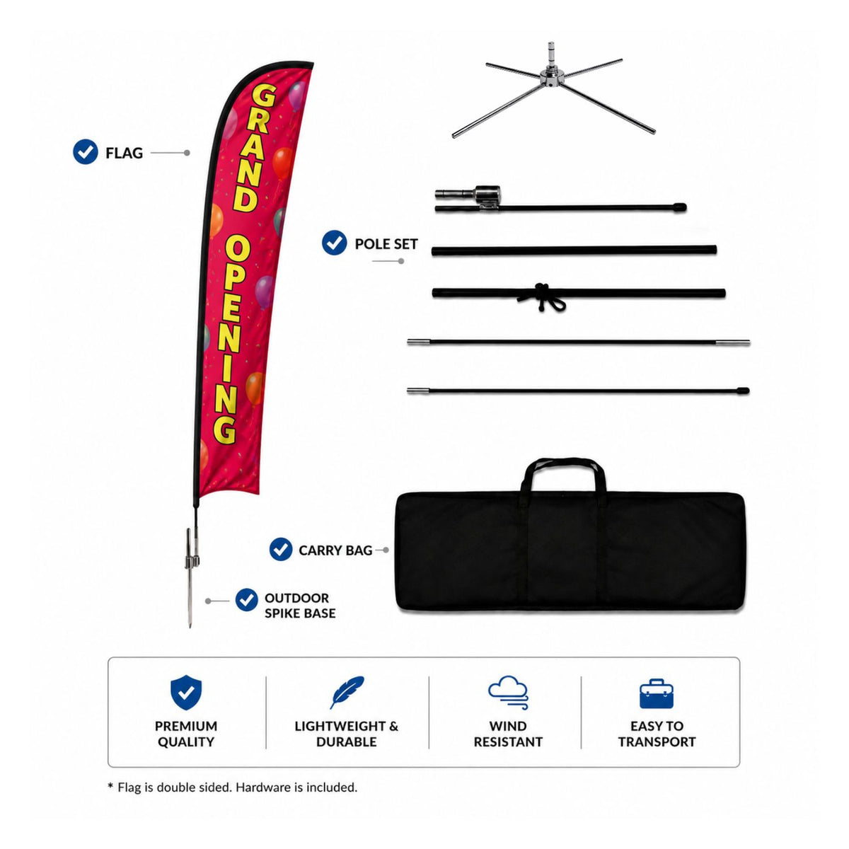 19' X-Large Feather Flag Kit, Full Color Graphics Double Sided, Outdoor Spike base, Indoor use