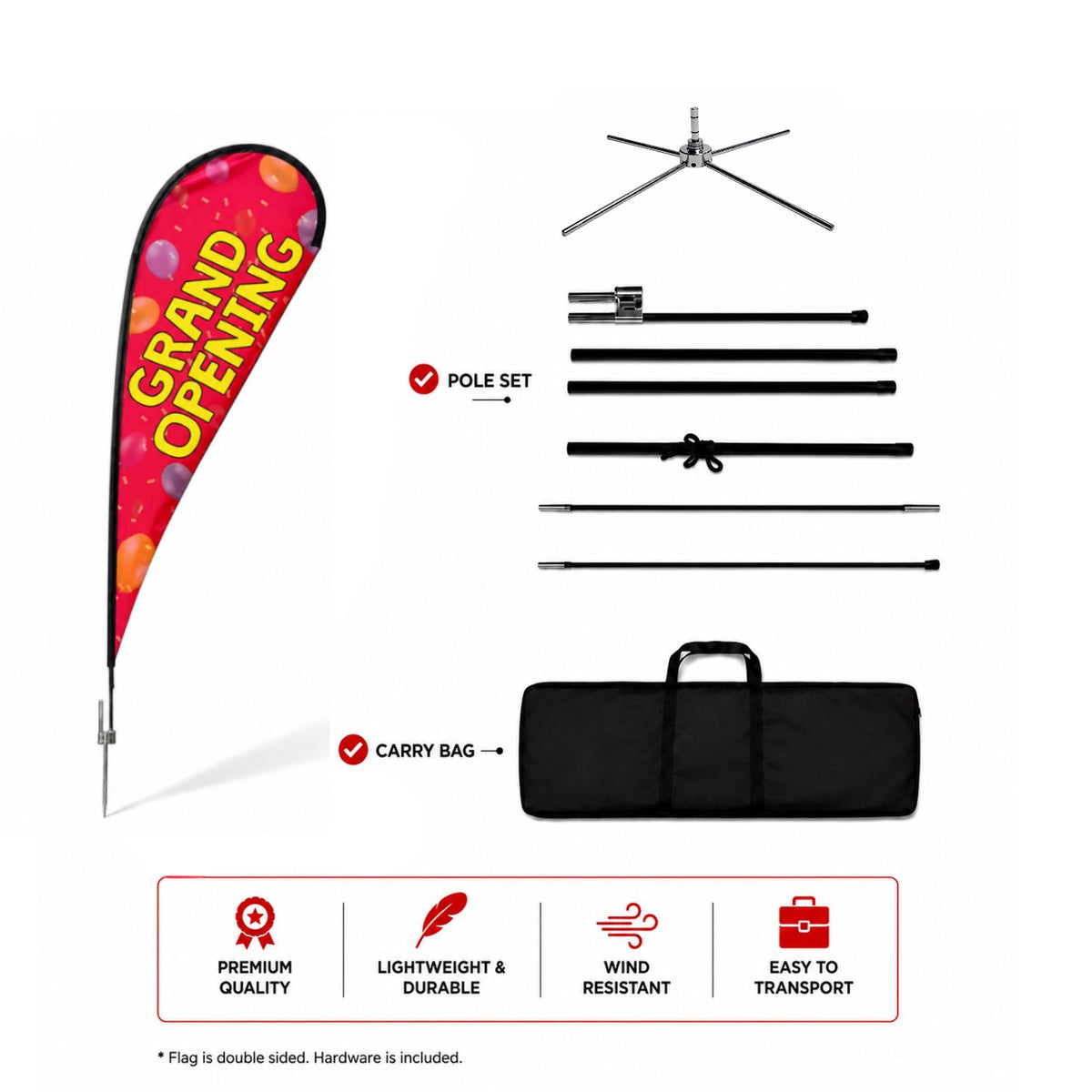 16' X-Large Tear Drop Flag Kit, Full Color Graphics Double Side, Outdoor Spike base, Indoor use