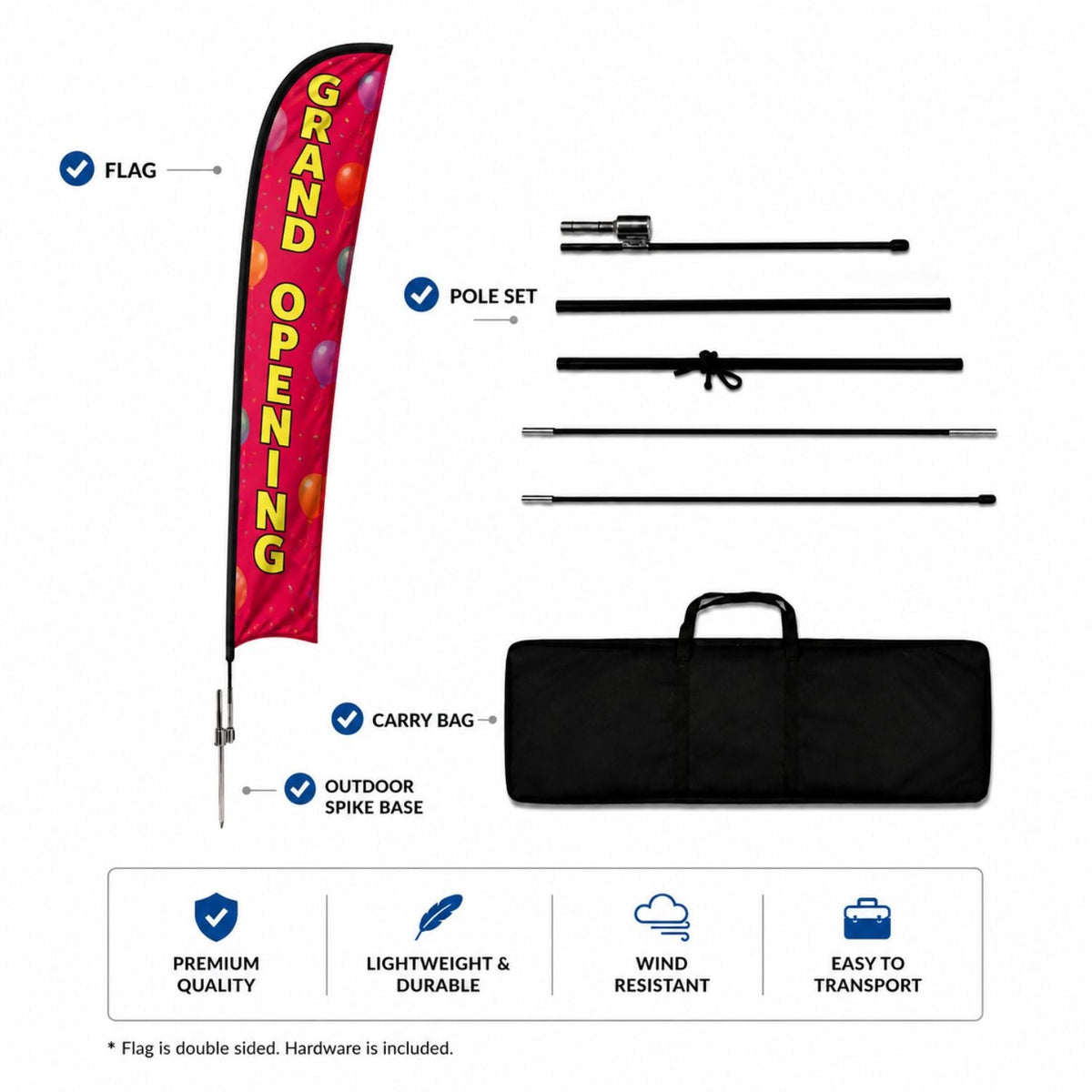 19' X-Large Feather Flag Kit, Full Color Graphics Double Sided, Outdoor Spike base and Bag Included