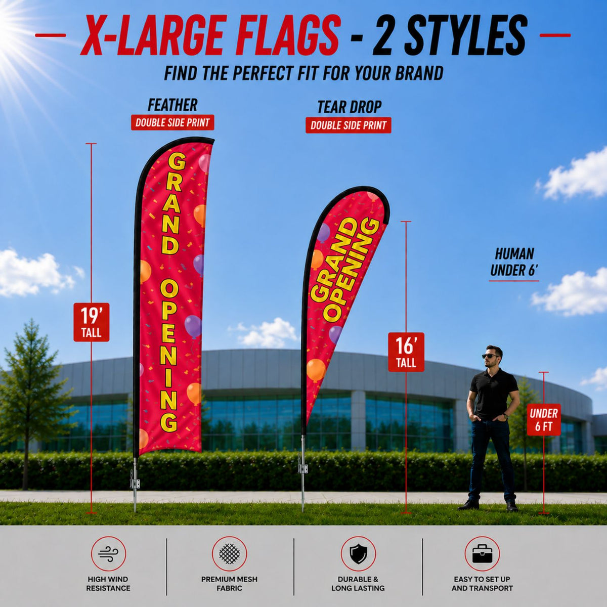 19' X-Large Feather Flag Kit, Full Color Graphics Double Sided, Outdoor Spike base and Bag Included
