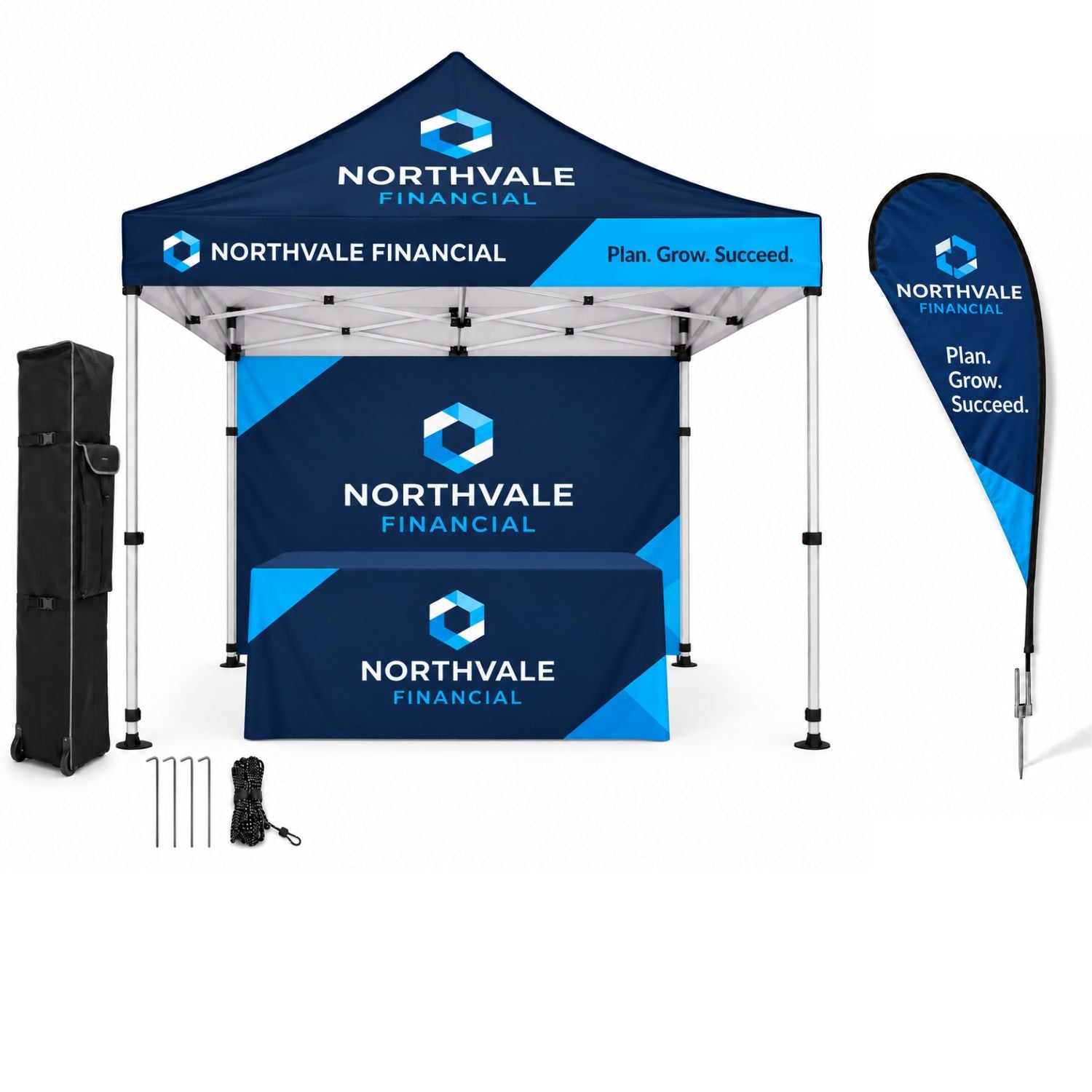 Deluxe Tent Flag Package, 10' Tent kit, Backwall, Box Fit Tablecloth, and Double sided Flag Kit