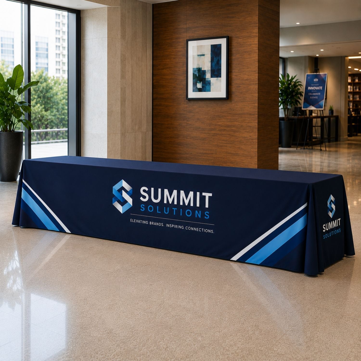 Sublimated Table Cloth for 12' table (or 2 x 6' tables combined), Drape Style, 4 sided, Closed back