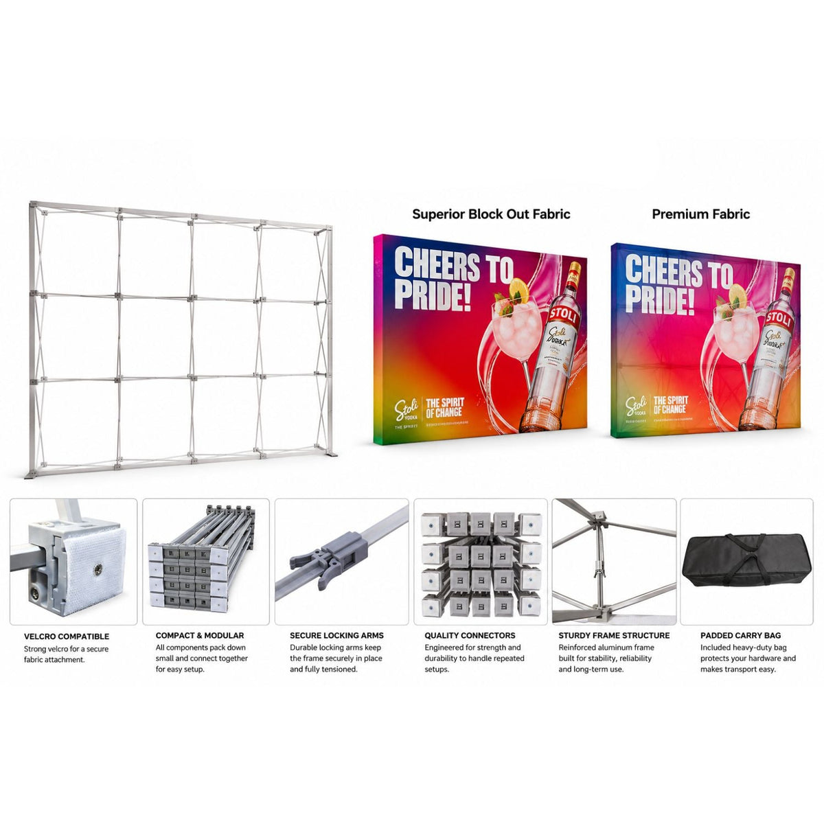 10' Straight Wall Tension Fabric Pop-up Display Kit with Wrap End Caps, Superior Block Out Fabric