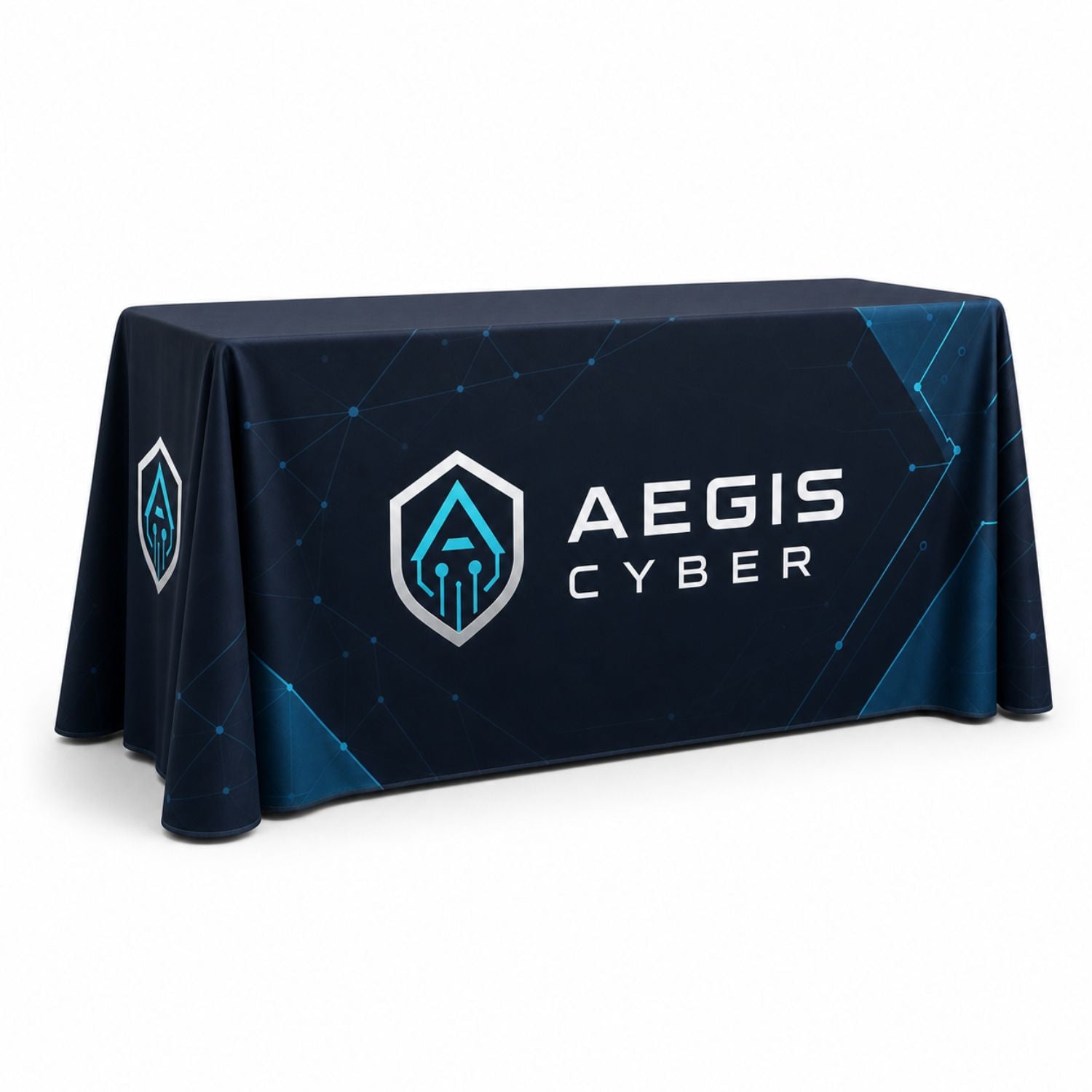 Sublimated PREMIUM Table Cloth for 6' Table, Drape Style, 3 sided, Open Back, Rounded corners