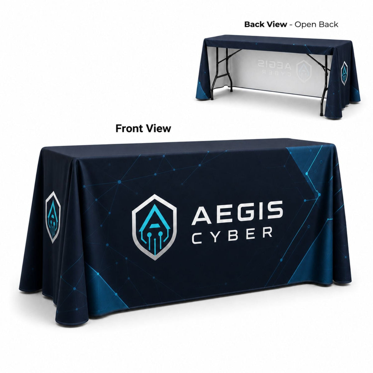 Sublimated PREMIUM Table Cloth for 6' Table, Drape Style, 3 sided, Open Back, Rounded corners