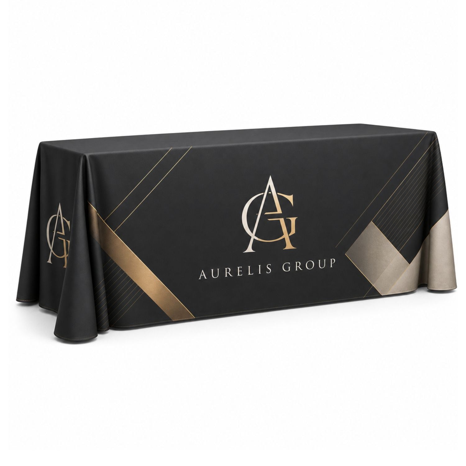 Sublimated PREMIUM Table Cloth for 8' Table, Drape Style, 3 sided, Open Back, Rounded corners