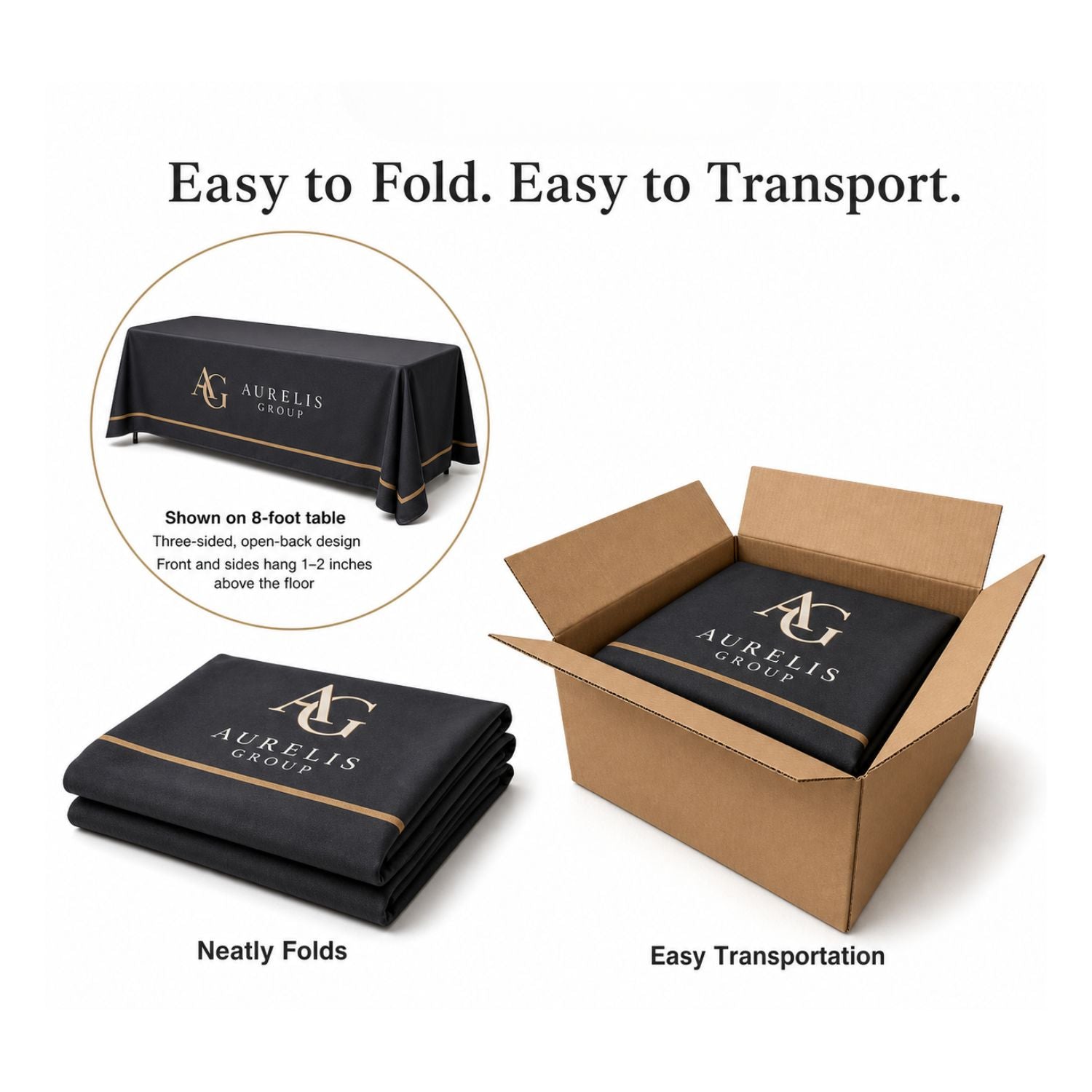 Sublimated PREMIUM Table Cloth for 8' Table, Drape Style, 3 sided, Open Back, Rounded corners
