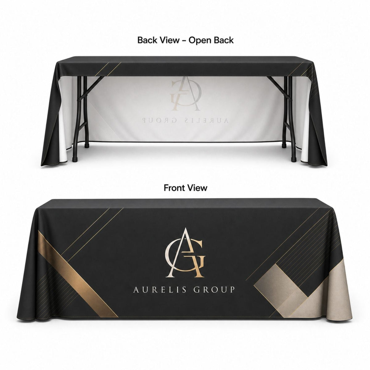 Sublimated PREMIUM Table Cloth for 8' Table, Drape Style, 3 sided, Open Back, Rounded corners