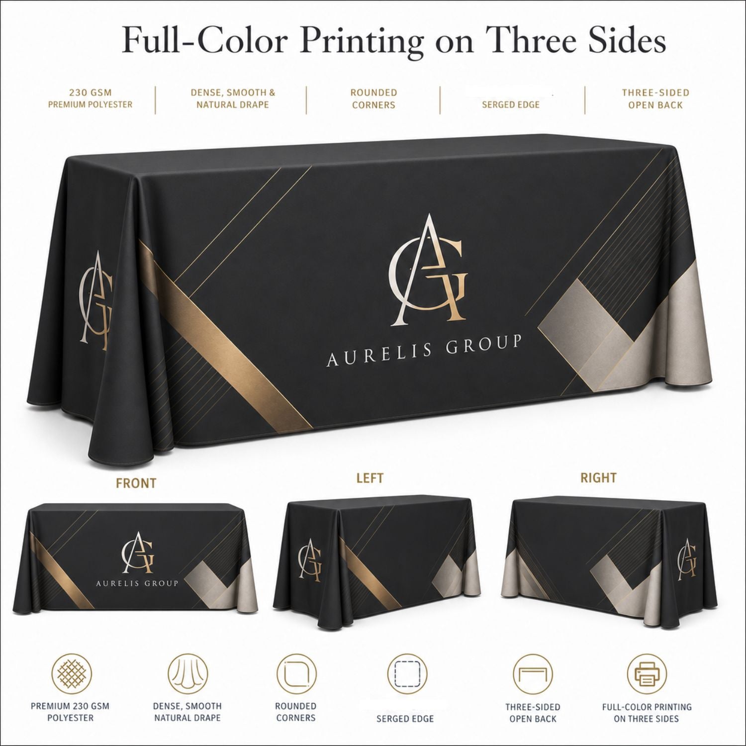Sublimated PREMIUM Table Cloth for 8' Table, Drape Style, 3 sided, Open Back, Rounded corners