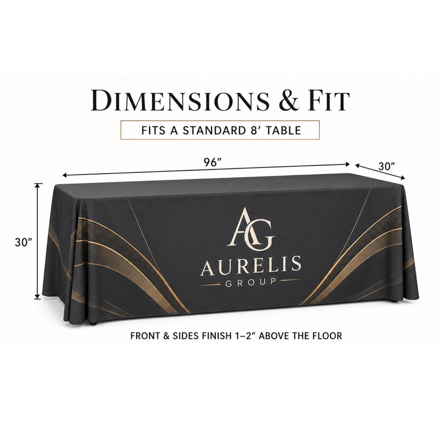 Sublimated PREMIUM Table Cloth for 8' Table, Drape Style, 3 sided, Open Back, Rounded corners