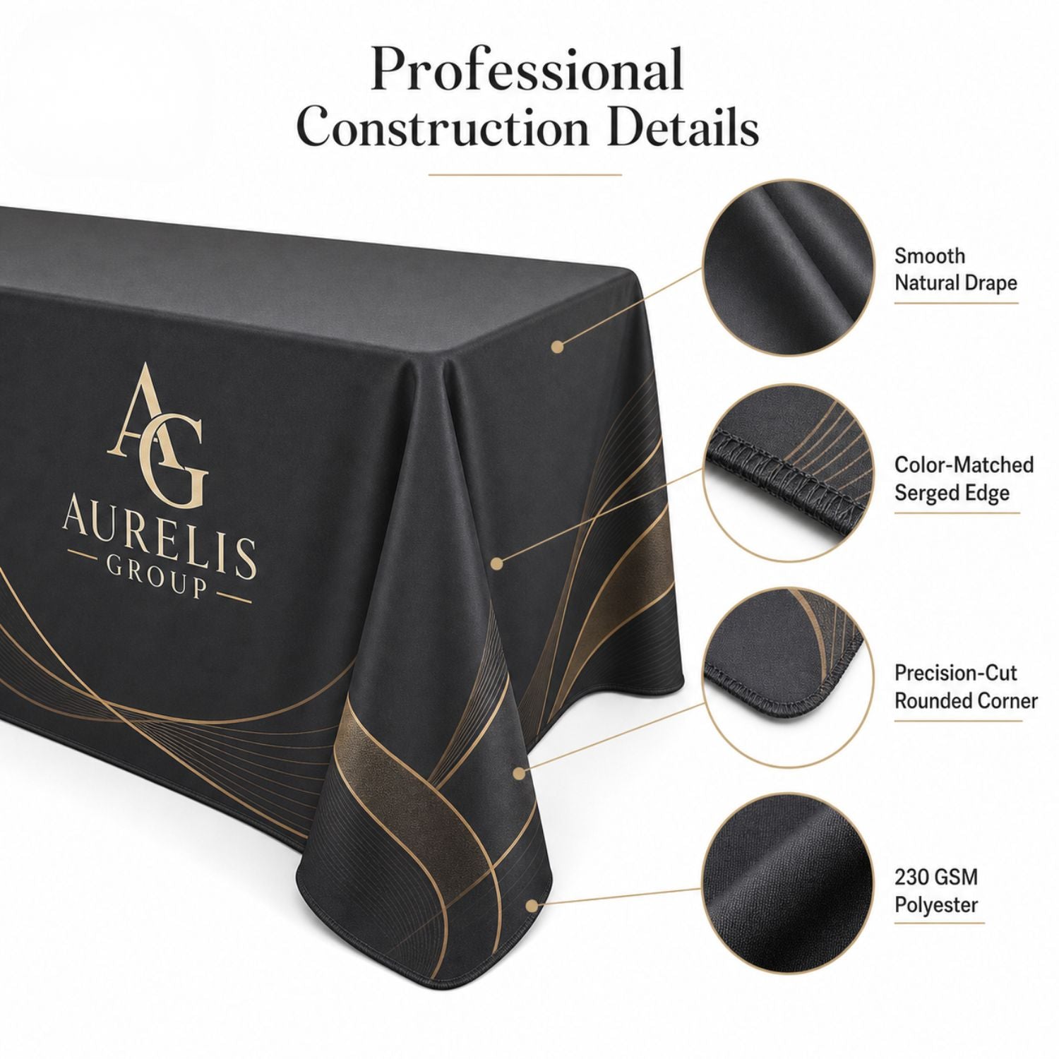 Sublimated PREMIUM Table Cloth for 8' Table, Drape Style, 3 sided, Open Back, Rounded corners