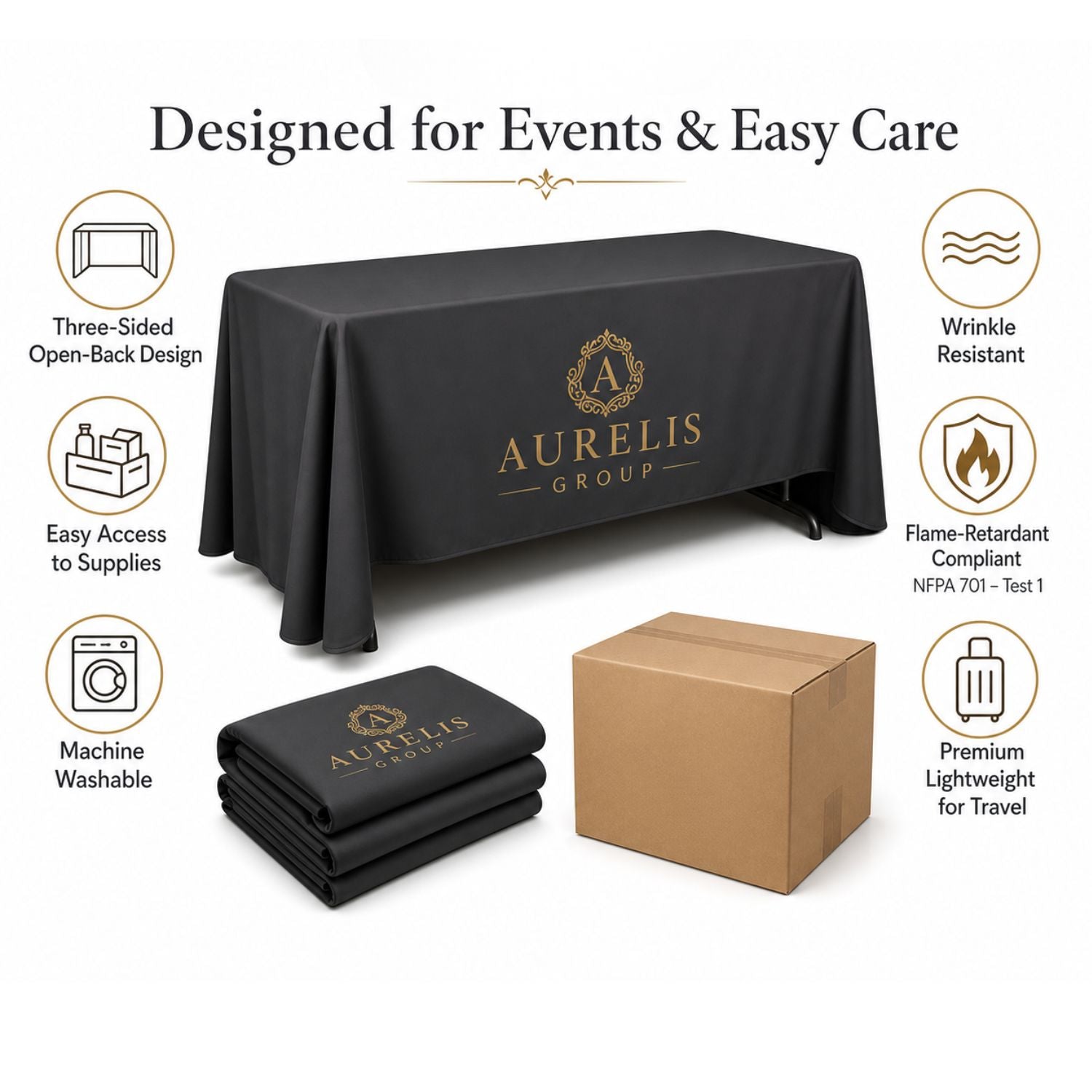 Sublimated PREMIUM Table Cloth for 8' Table, Drape Style, 3 sided, Open Back, Rounded corners