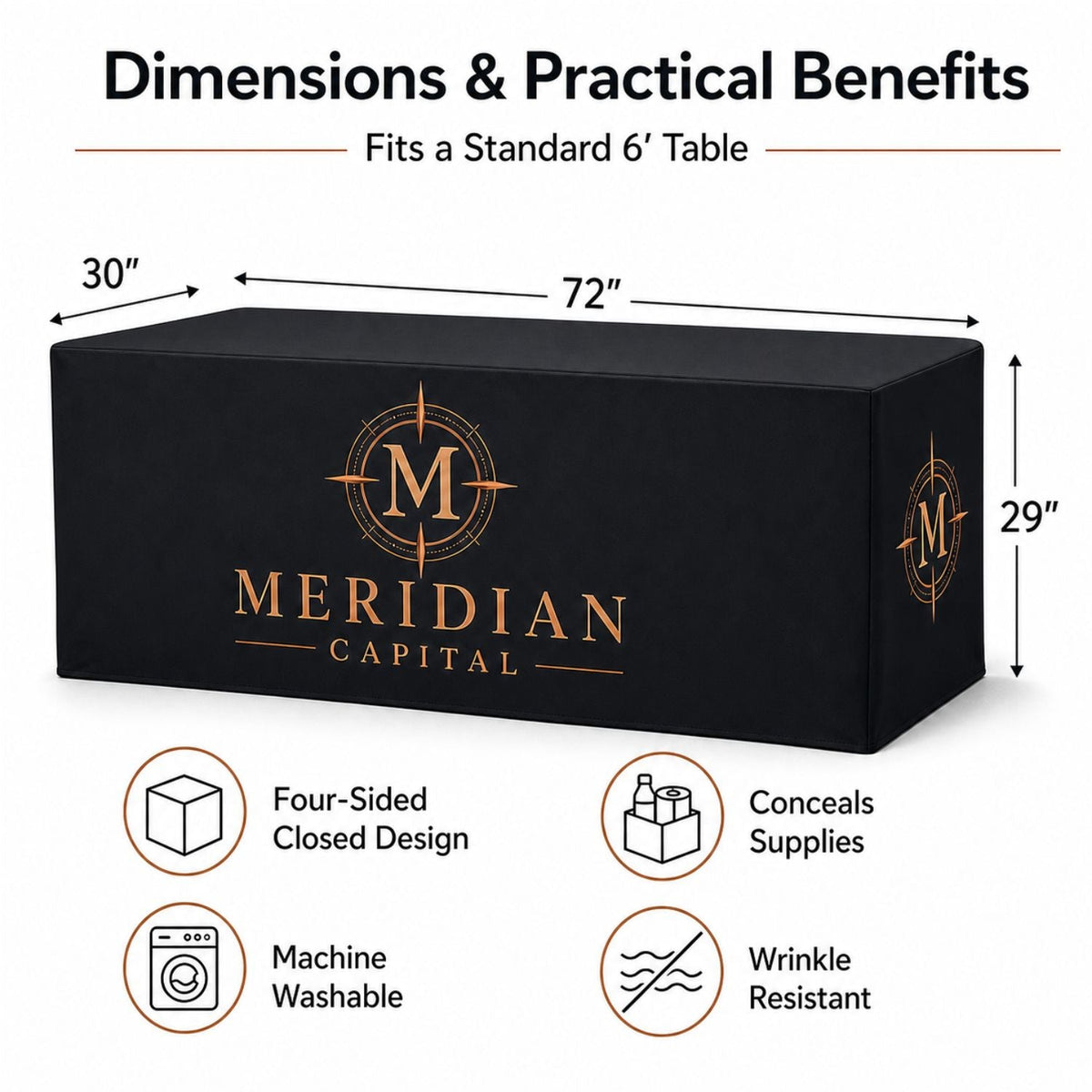 Sublimated PREMIUM Box Style Fitted Table Cloth for 6' Table, Premium Fabric, 4 sided, Closed Back