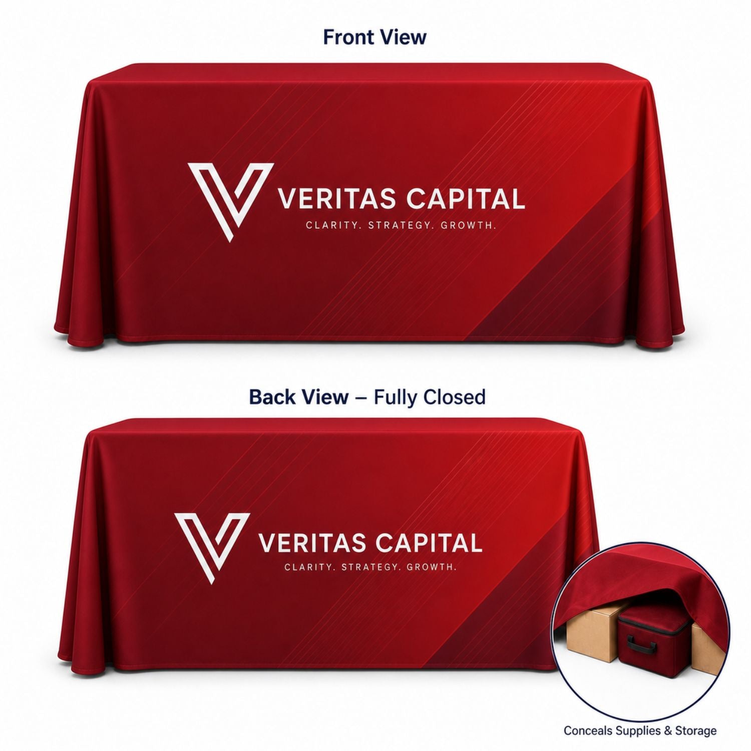 Sublimated PREMIUM Table Cloth for 6' table, Drape style, 4 sided, Closed Back, Rounded Corners