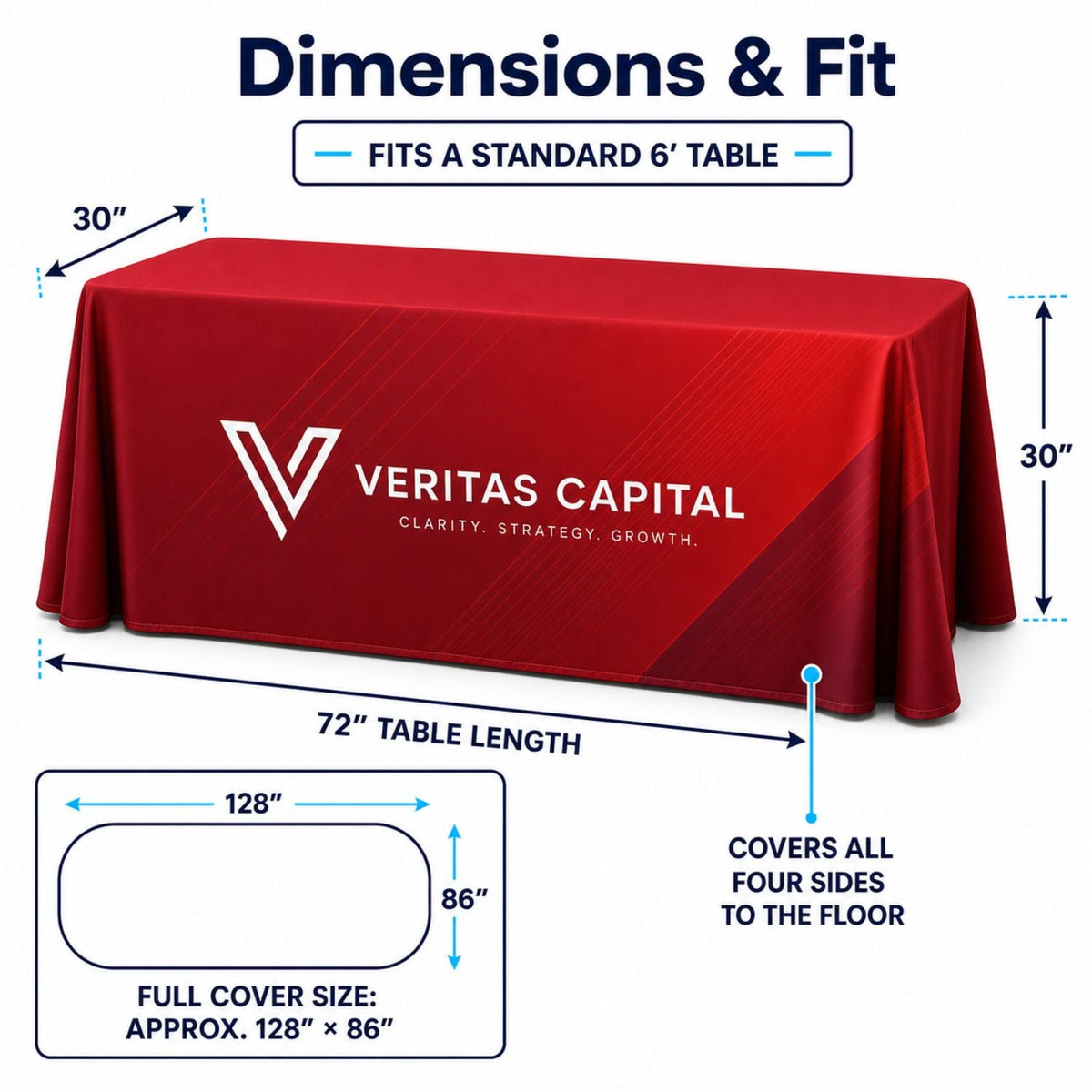 Sublimated PREMIUM Table Cloth for 6' table, Drape style, 4 sided, Closed Back, Rounded Corners