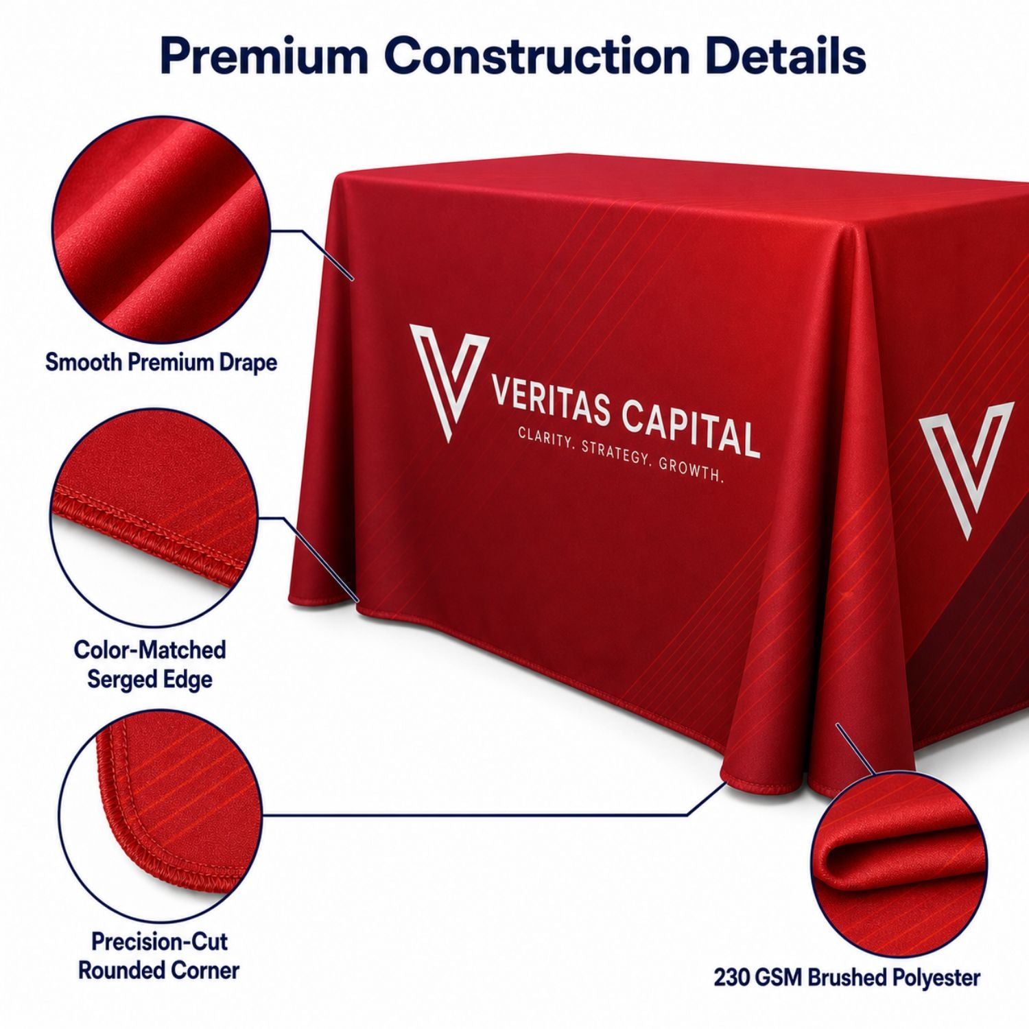 Sublimated PREMIUM Table Cloth for 6' table, Drape style, 4 sided, Closed Back, Rounded Corners