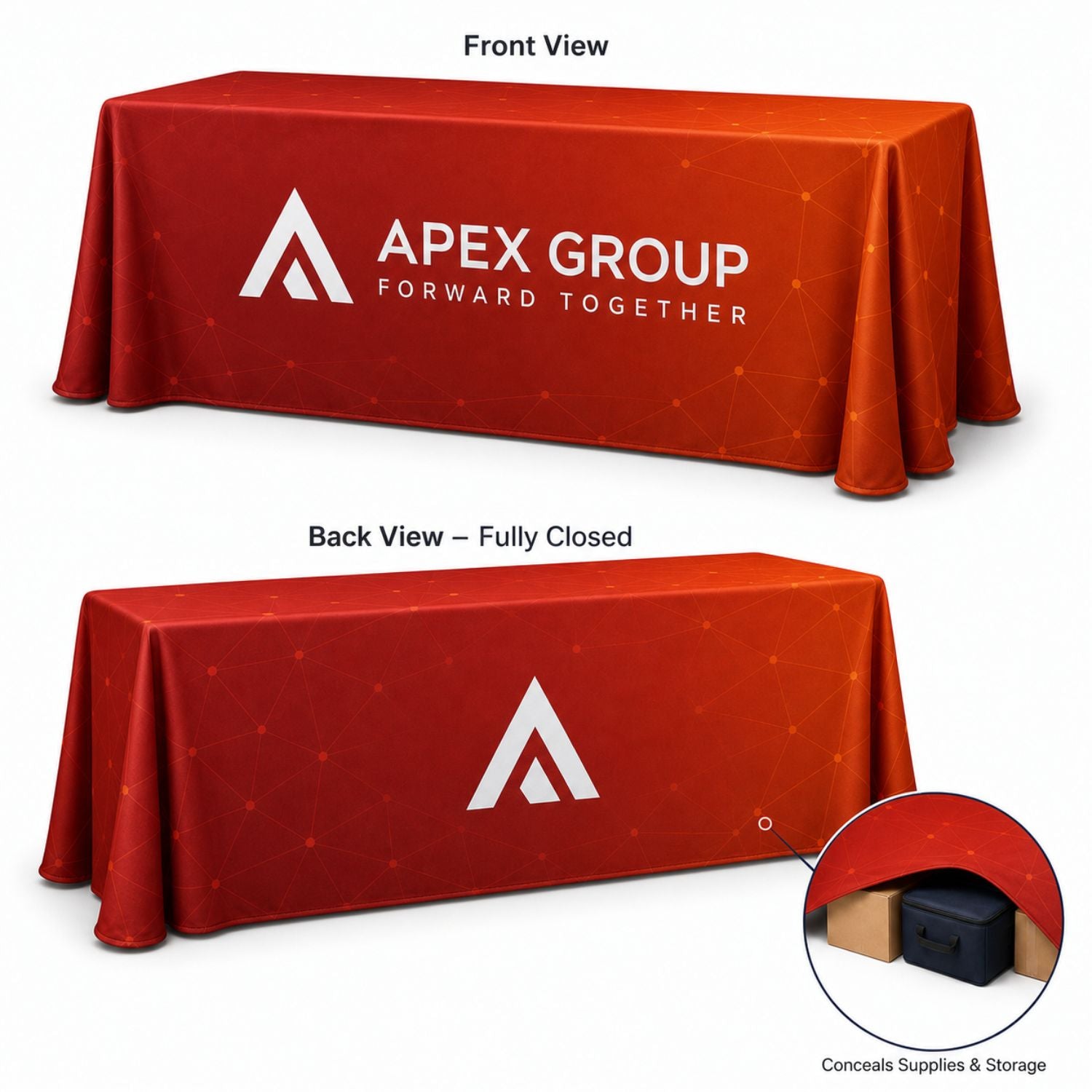 Sublimated PREMIUM Table Cloth for 8' table, Drape style, 4 sided, Closed Back, Rounded Corners