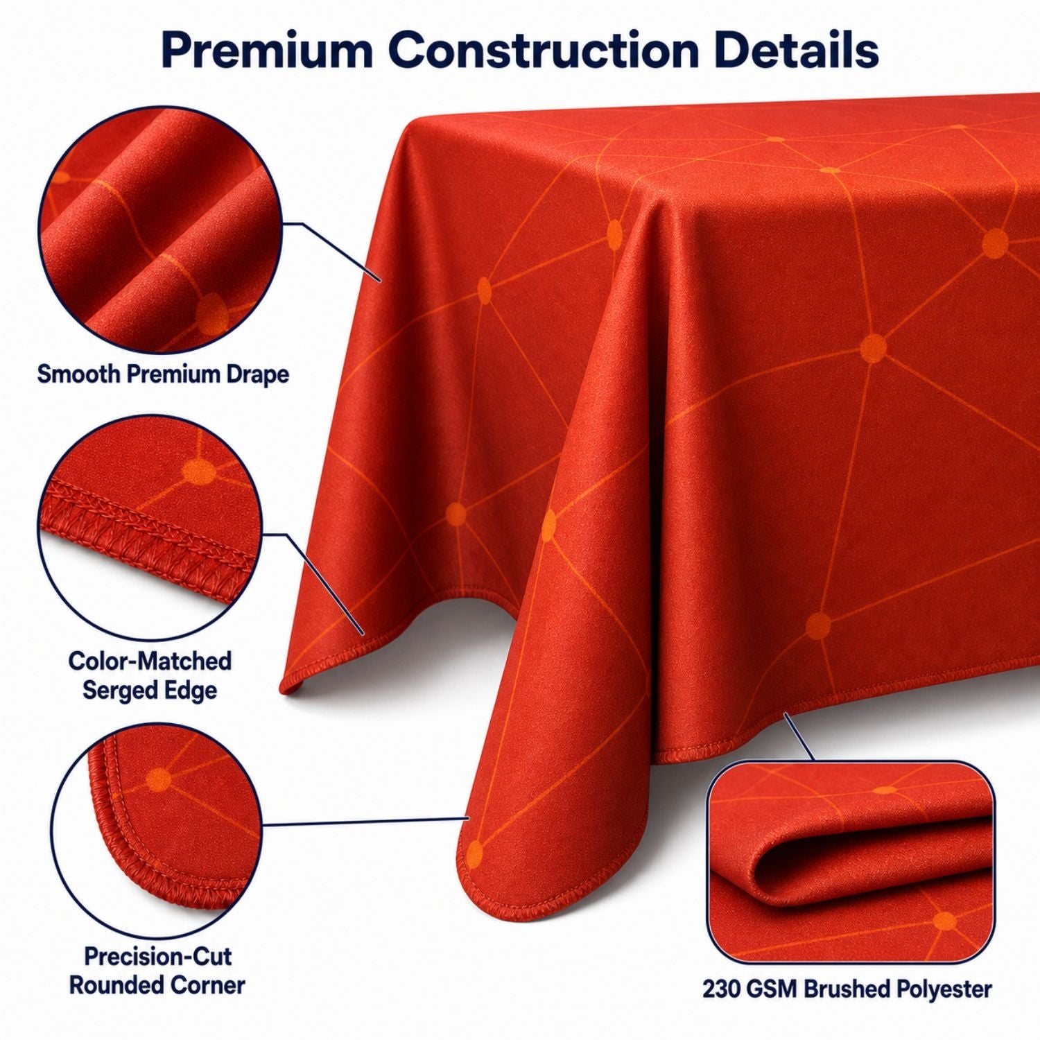 Nappe sublimée PREMIUM pour table de 8', style drapé, 4 côtés, Dos fermé, Coins arrondis