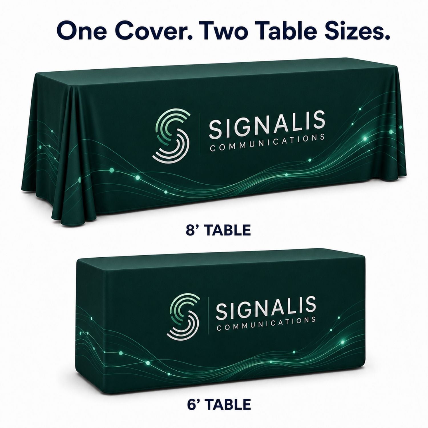 Sublimated PREMIUM Convertible Table Cloth, Converts from 8' to 6', Drape style, 4 side, Closed back