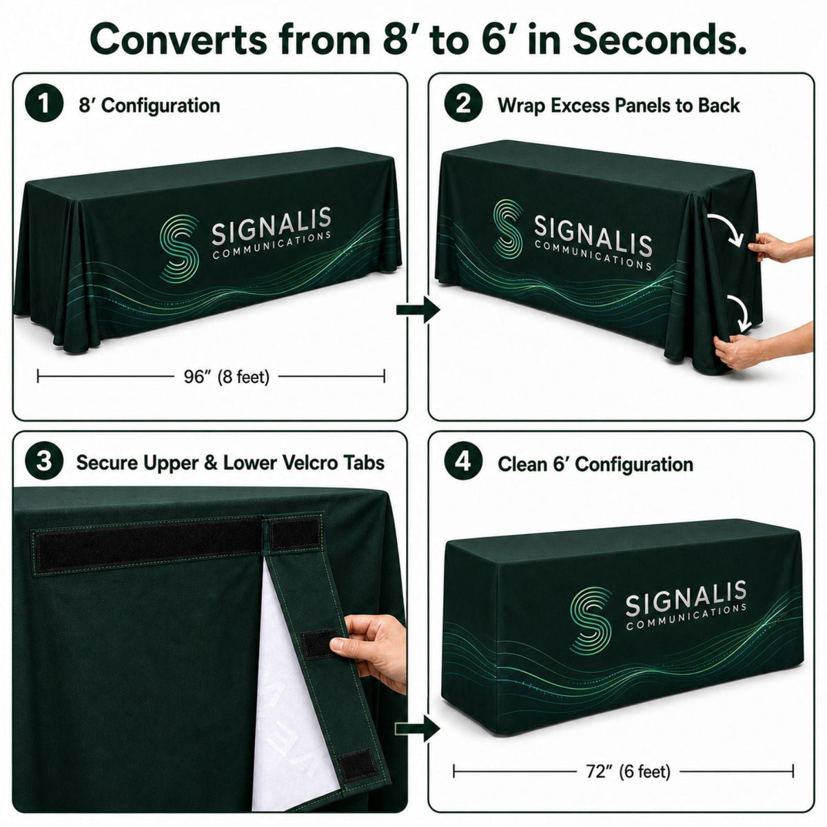 Sublimated PREMIUM Convertible Table Cloth, Converts from 8' to 6', Drape style, 4 side, Closed back