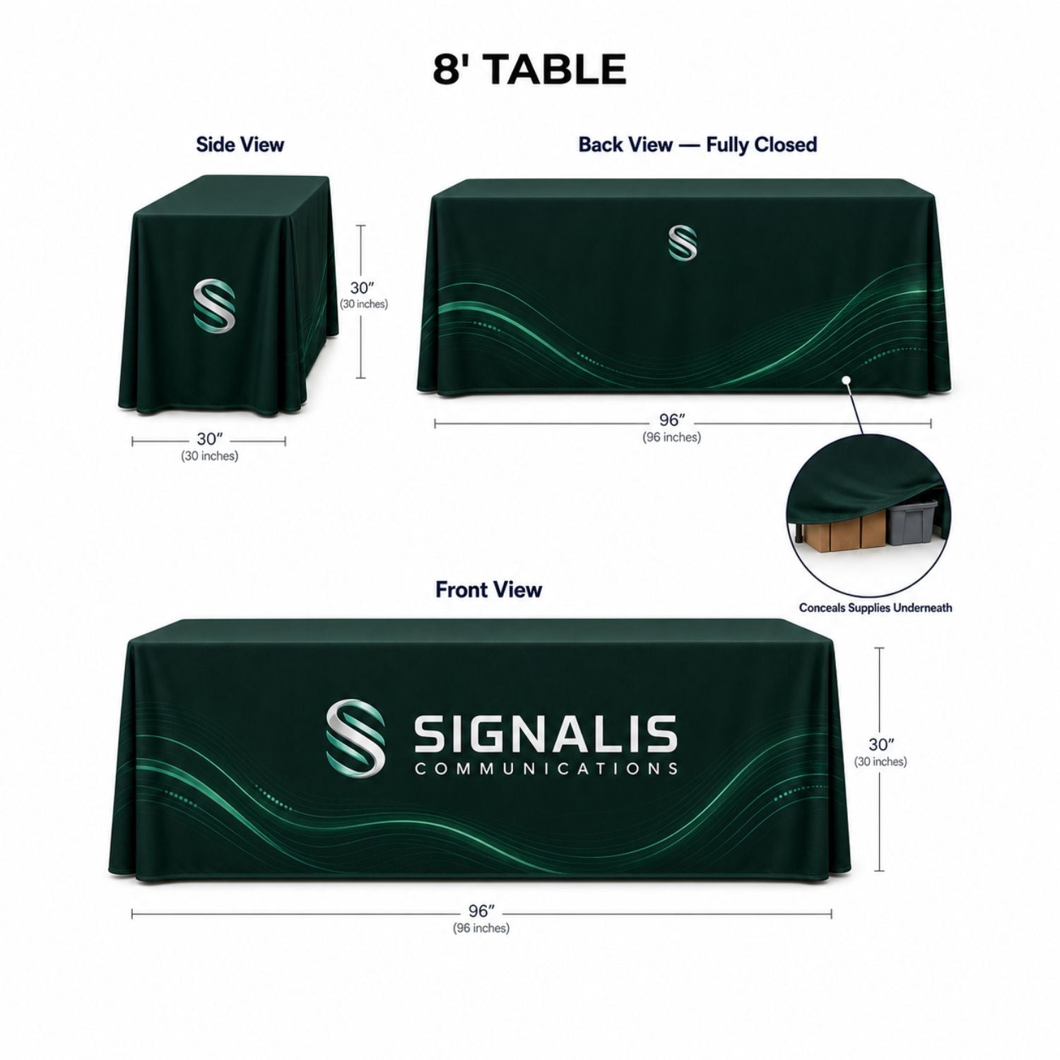 Sublimated PREMIUM Convertible Table Cloth, Converts from 8' to 6', Drape style, 4 side, Closed back