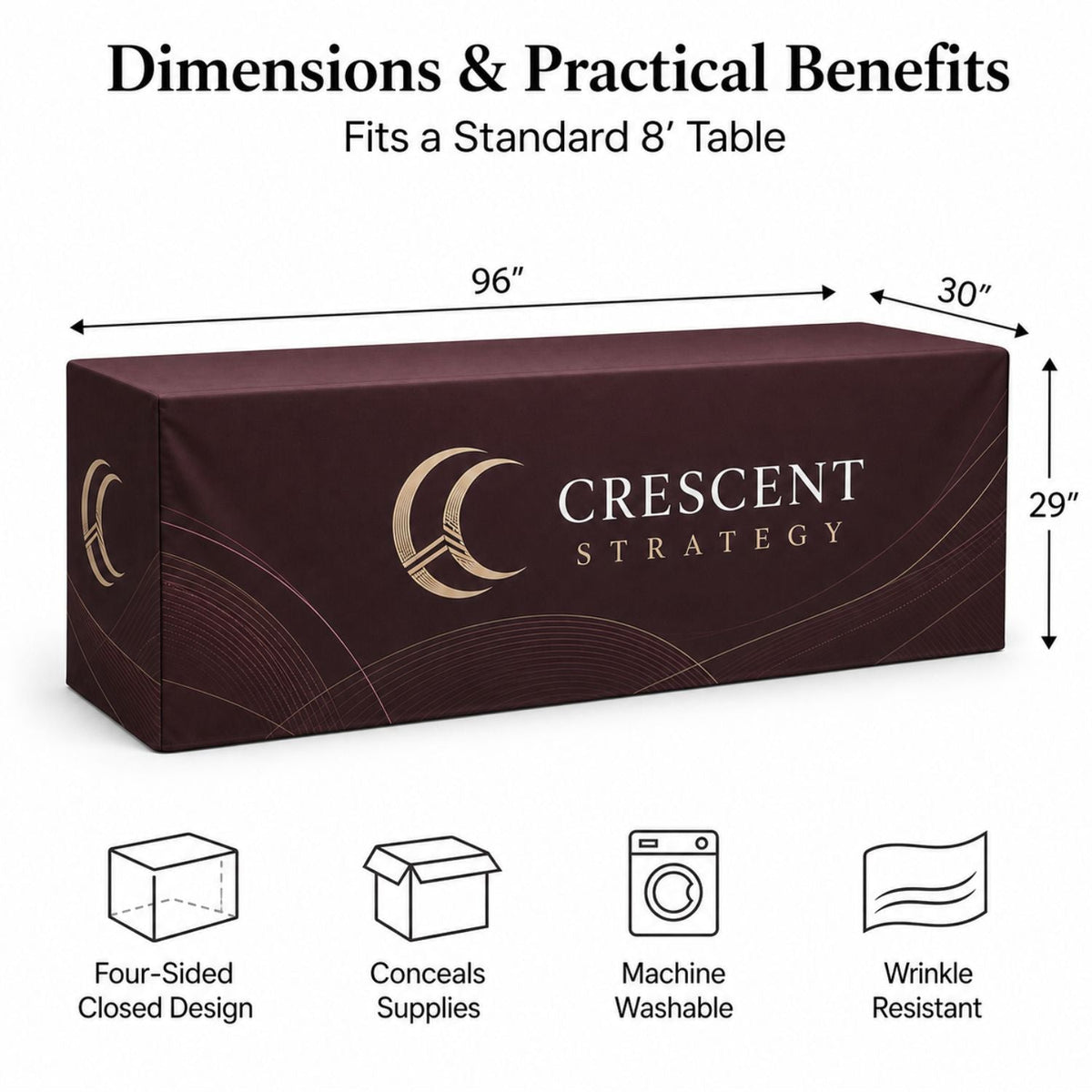 Sublimated PREMIUM Box Style Fitted Table Cloth, 8' Table, Premium Fabric, 4 sided, Closed back