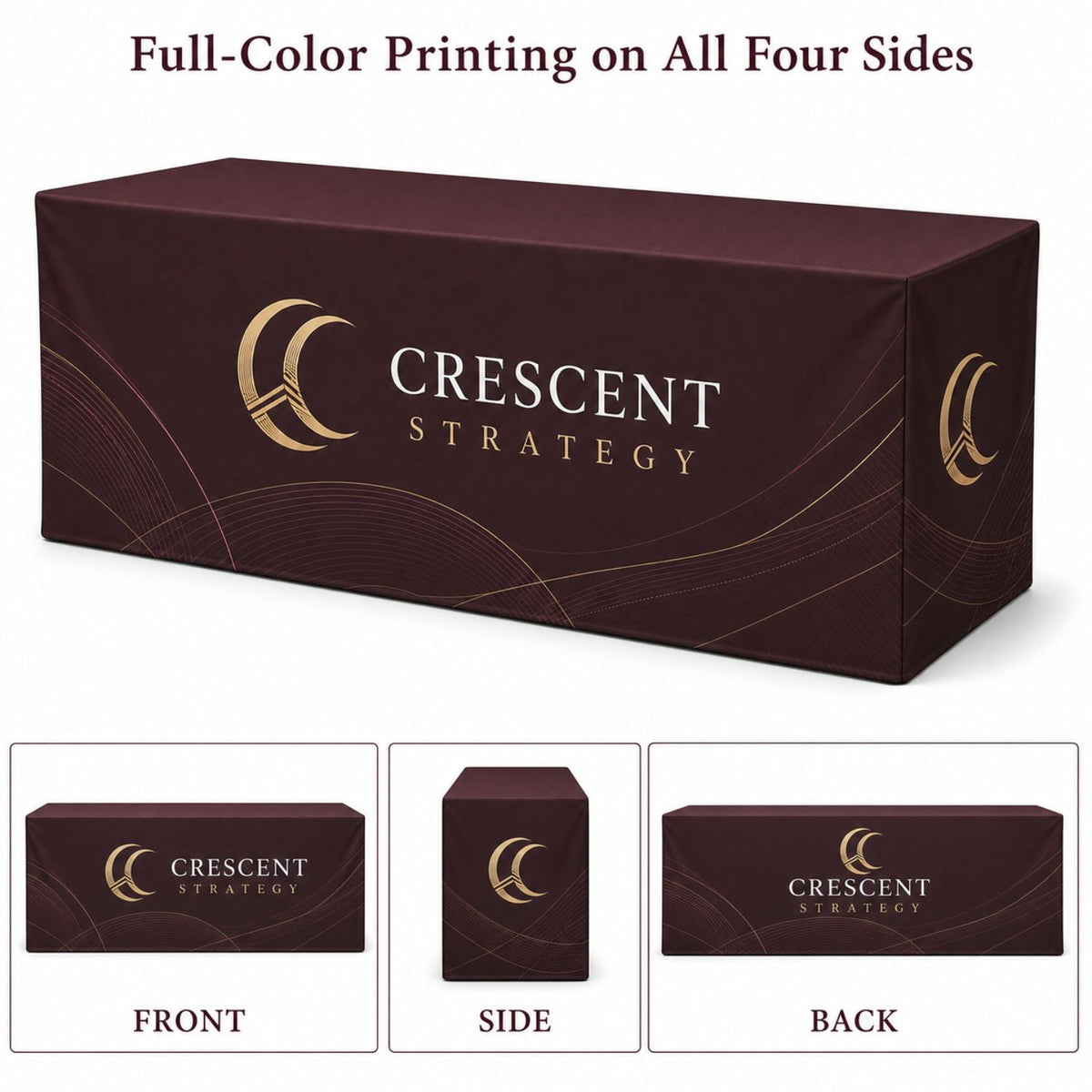 Sublimated PREMIUM Box Style Fitted Table Cloth, 8' Table, Premium Fabric, 4 sided, Closed back