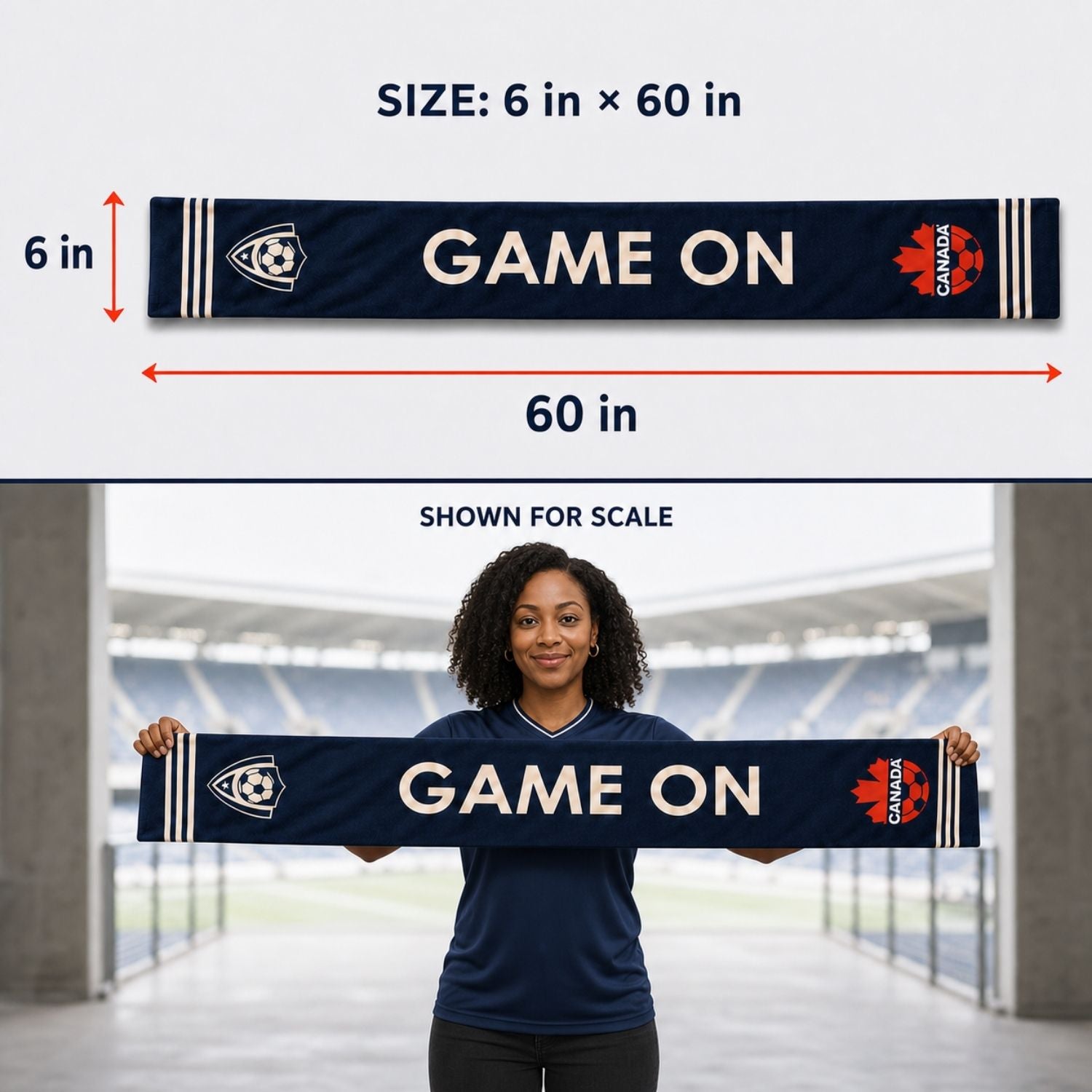 Sublimated Soccer Football Stadium Scarves, 6x60, Sublimated edge to edge 2 sides (Made in Canada)