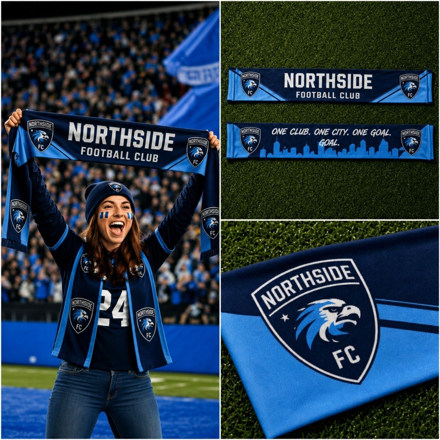 Sublimated Soccer Football Stadium Scarves, 6x60, Sublimated edge to edge 2 sides (Made in Canada)