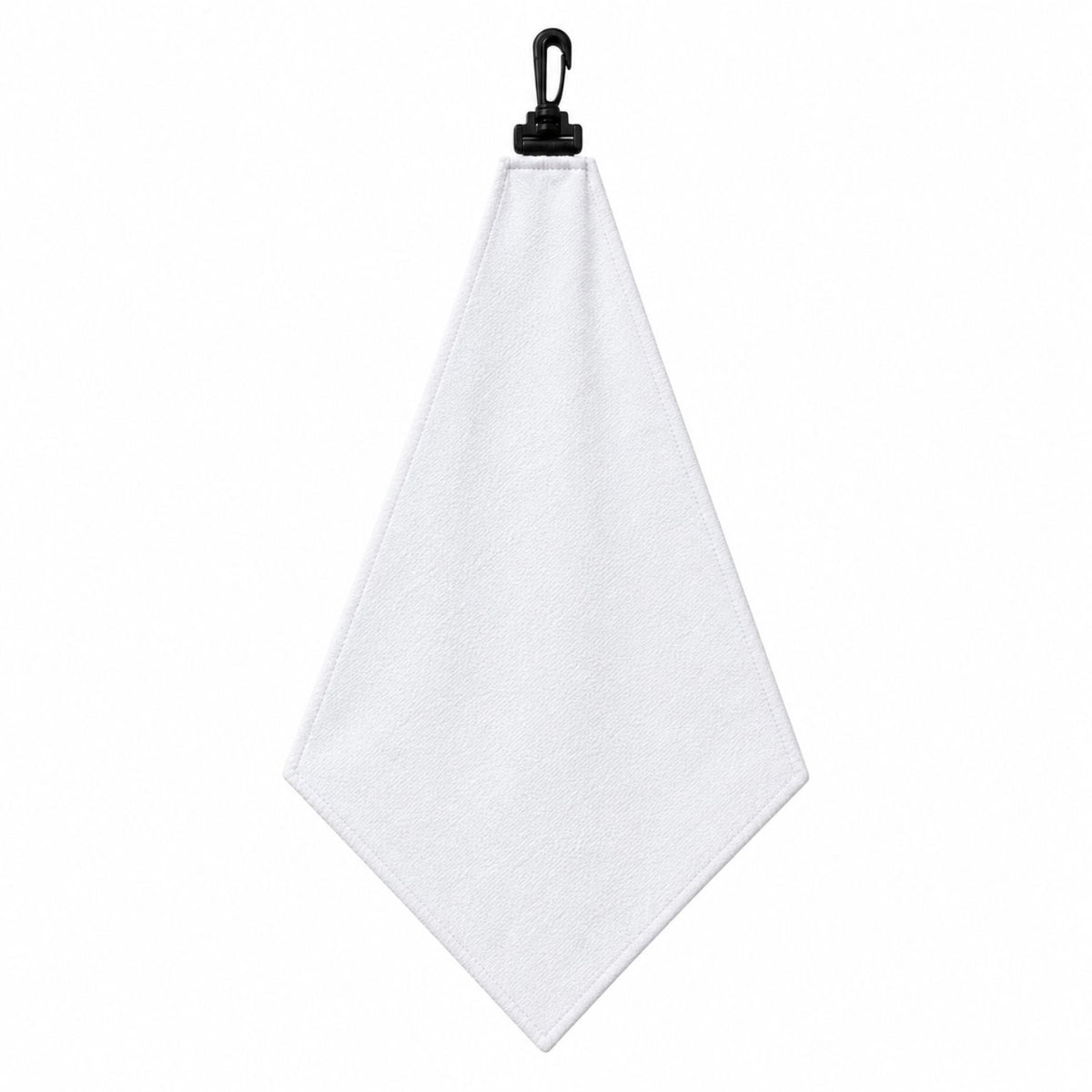 Toalla de golf de gamuza de microfibra, forma triangular, 11x17, plegada con gancho giratorio negro, solo en blanco