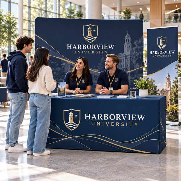 Harborview University welcome station with matching tablecloth, retractable banner and backwall