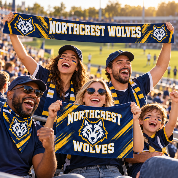 Fans celebrating with Northcrest Wolves scarves and a rally towel